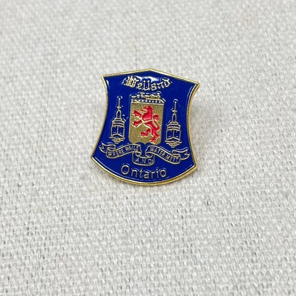 Welland Ontario Lapel Pin Blue Enamel Metal Gold-Tone Pinback Canada Collectible - Picture 2 of 6